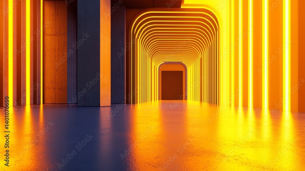 Aufkleber narrow hallway with yellow lights shining from the ceiling. the hallway is empty and the lights are 