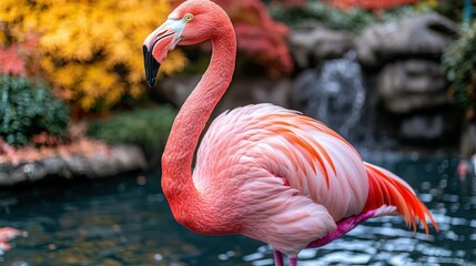 Obraz premium Pink Flamingo near a Waterfall in Autumn