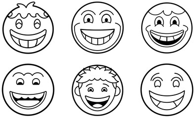 Collection of happy cartoon faces in black and white