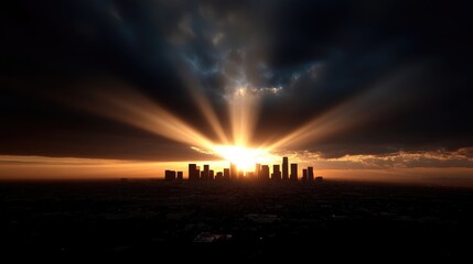 City skyline bathed in sunset rays, dramatic clouds