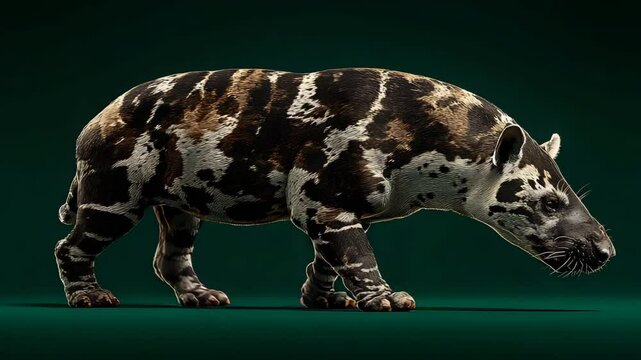 Realistic 3D rendering of a tapir walking against a dark green background, showcasing its unique features