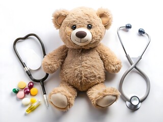 Teddy Bear Doctor: Plush Toy with Stethoscope and Pills on White Background.