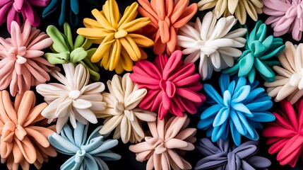A vibrant array of colorful, textured flower-like decorations.