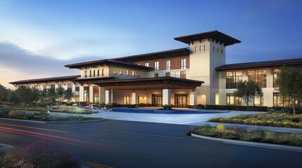 Obraz premium Beautiful modern building facade at dusk with soft lighting