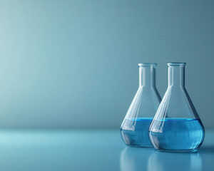 Two glass flasks with blue liquid on clean surface