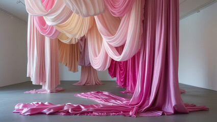 A dreamlike installation of flowing pink and peach silks creating a serene, ethereal sanctuary in a minimalist gallery space.