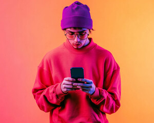 Trendy Young Adult Texting on Smartphone Against Vibrant Gradient Background