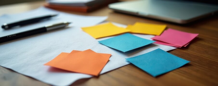 Colorful business cards scattered on a wooden desk, with pens and papers nearby , stationery, creativity