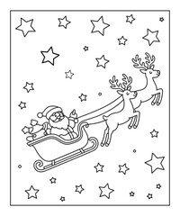 Obraz premium Santa claus on sleigh with reindeer christmas coloring page for kids, black line art vector illustration on white background 