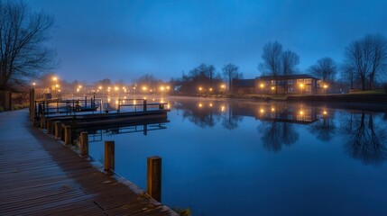 Fototapeta premium Misty River Dock Dawn, Town Reflection, Calm