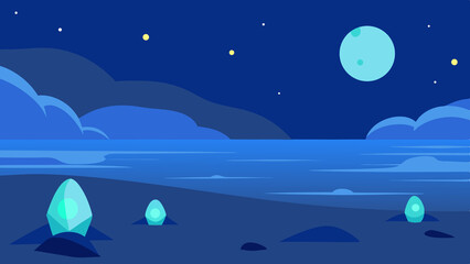 Fototapeta premium Moonlight Beach Scene With Glowing Pebbles