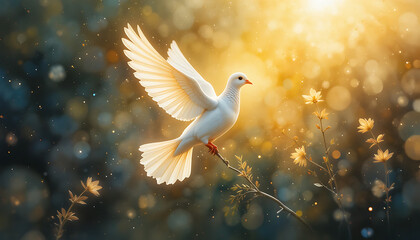 Obraz premium Dove Taking Flight From Branch in Golden Light Nature Scene