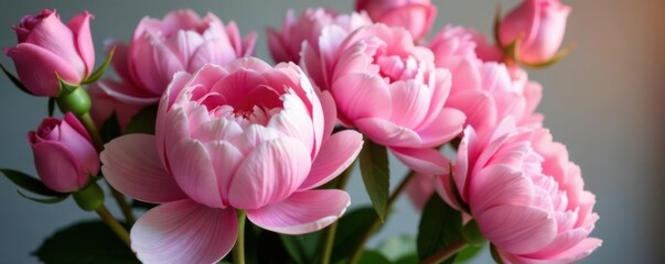 Obraz premium Soft pink peonies and roses in a lush bouquet, fresh flowers, feminine decor