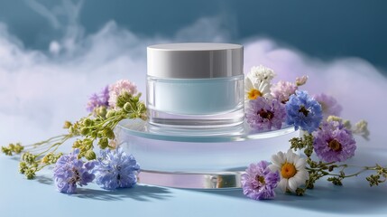 A glass jar of cream surrounded by colorful flowers on a translucent surface, with soft fog in the background.