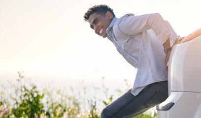 Problem, outdoor and man pushing car with emergency for engine fail, road trip and vehicle accident. Indian male driver, stuck and auto crisis in countryside with motor trouble for difficult travel