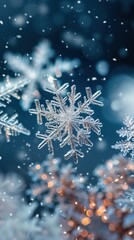 Fototapeta premium Close-up photo of detailed snowflakes with icy bokeh lights, symbolizing cold weather and winter season atmosphere. 