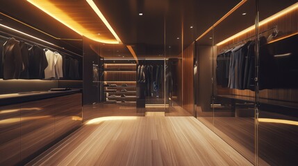 A luxurious modern walk in closet displays clothes and storage space