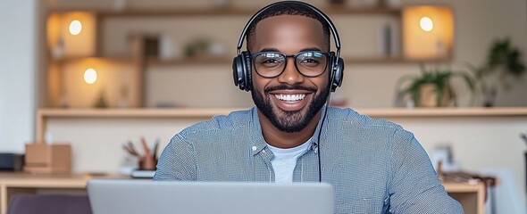 An African American man in his 30s is working on a laptop while wearing headphones in a modern home office setting. He is smiling and focused on his work.