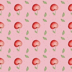Watercolor Cherry & Leaf Repeat Pattern on Light Pink Texture.