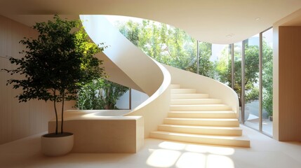A Modern Interior Featuring Spiral Staircase and Large Windows