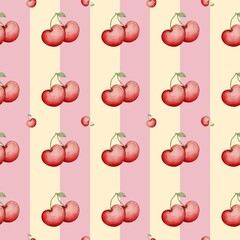 Striped Cherry Delight: Pink & Cream Sweet Fruit Repeat Pattern.