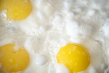 Background. Three fried eggs in closeup.