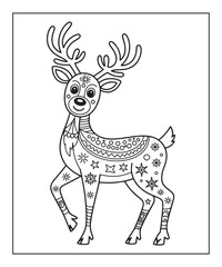 Fototapeta premium Reindeer Christmas coloring page for kids, black line art vector illustration on white background