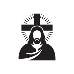 Black And White Illustration Of Jesus Christ With Cross And Rays Of Light