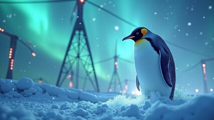 Fototapeta premium Penguins strolling under the aurora