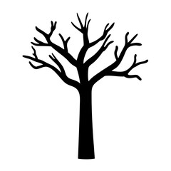 Silhouette of a bare tree with intricate branches against a white background