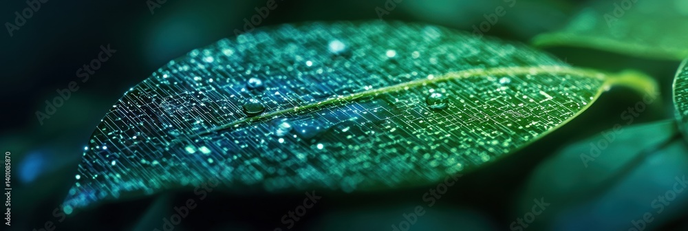 Poster green leaf transforming into digital pixels symbolizes the fusion of nature and technology in a mode