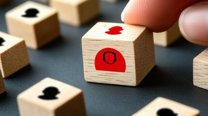 Person holding a wooden block with a red figure on it