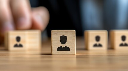 Human hand placing a wooden block with a person icon on a surface