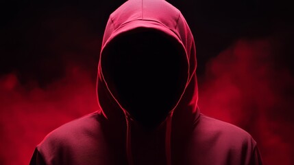 Person is wearing a red hoodie and is standing in front of a red background. The hoodie is pulled up over their head, creating a sense of mystery and anonymity