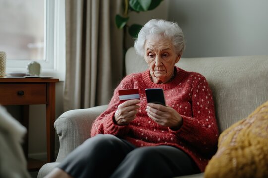 Senior woman sitting on sofa holding a smartphone and credit card, representing online shopping, digital banking, or financial awareness. Elderly woman using smartphone and credit card
- Powered by Adobe