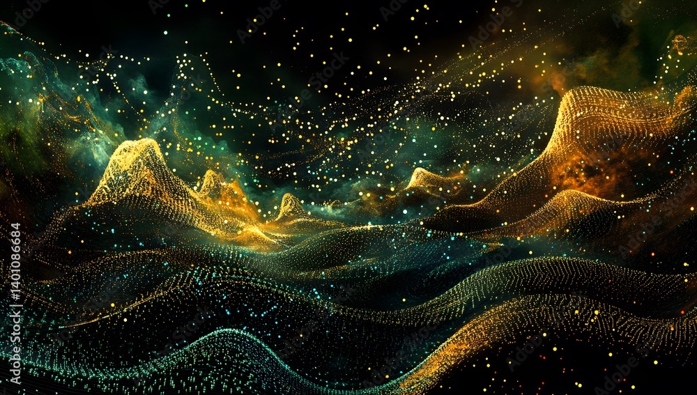 Poster a dynamic digital landscape of glowing data points and lines forming the shape of mountains, symboli