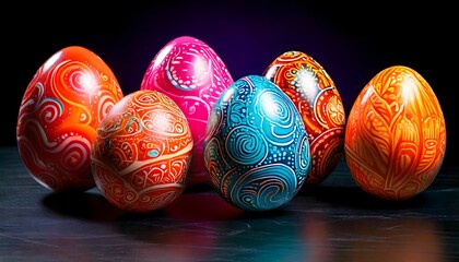 Artistic Easter eggs with intricate red, orange and blue patterns on glossy surface