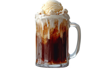 Creamy vanilla ice cream root beer float in a glass mug against a black on transparent background