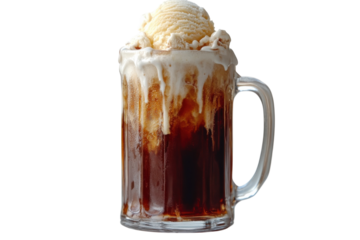 Creamy vanilla ice cream root beer float in a glass mug against a black on transparent background