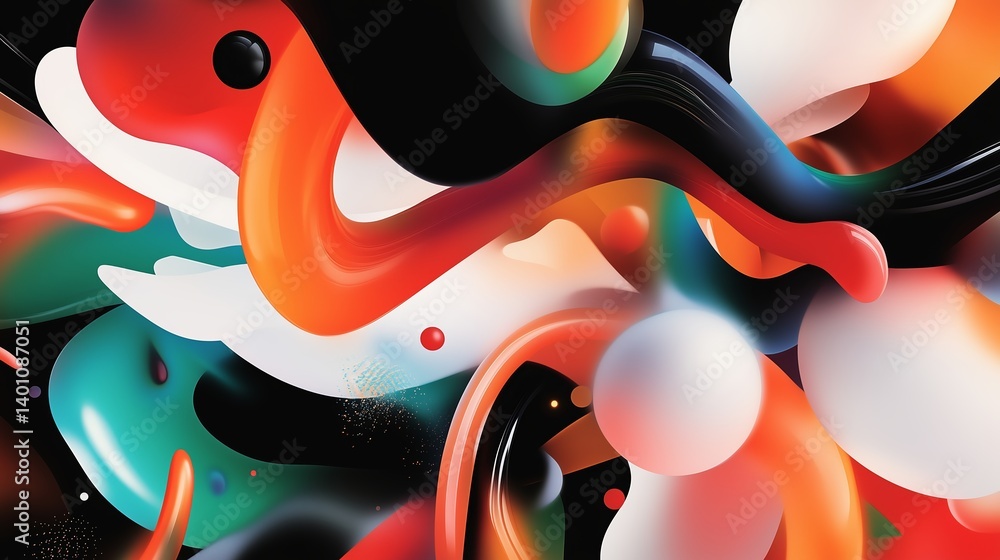 Poster colorful abstract design featuring fluid shapes and vibrant colors on a dark background created in a