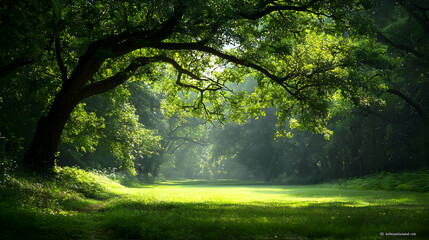 Obraz premium Sunlight Filtering Through Lush Forest Canopy