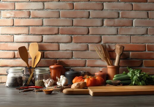 Rustic kitchen setting with fresh vegetables and wooden cooking utensils on a stone countertop.