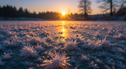 Frozen Dawn: Crystal Ice at Sunrise