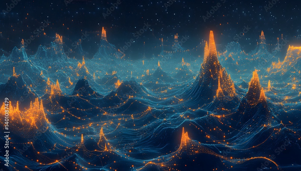 Poster a dynamic digital landscape of glowing data points and lines forming the shape of mountains, symboli
