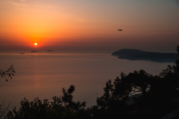 Sunset over the sea with a view of islands and coastal cliffs, framed by trees