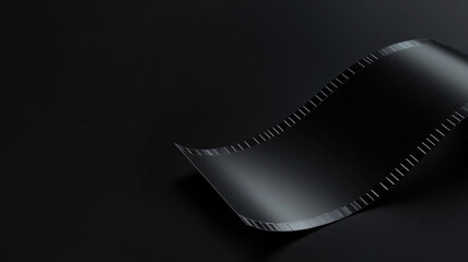 Curved strip of black film on dark background, symbolizing cinema, creativity and storytelling in a minimalist and elegant composition.