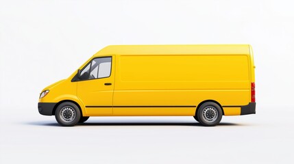 A full side profile of a yellow, unmarked, modern Delivery van, delivery truck, business van