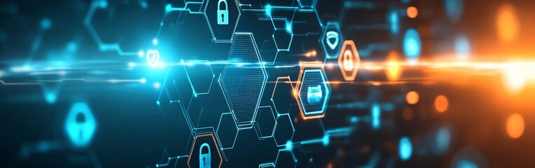 Obraz premium Abstract digital network background with glowing hexagons and lock icons.