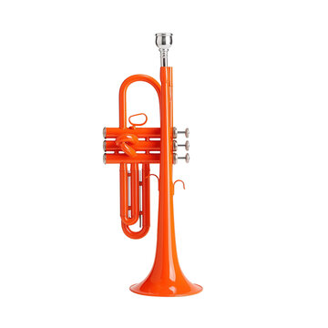 recommend clip art: cinco de mayo day concept. Bright orange trumpet against a black background.