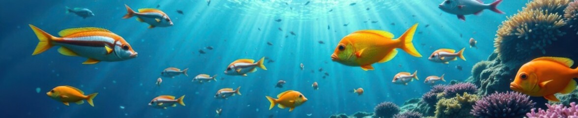 Naklejka premium School of colorful fish swimming in the ocean, marine life, fish species